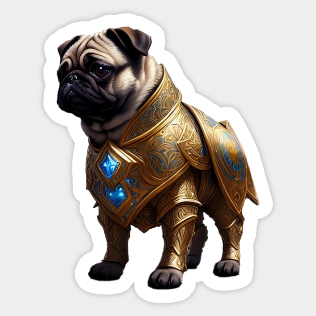 Mighty Pug in Heavy Mythical Armor with Power Source Sticker by fur-niche